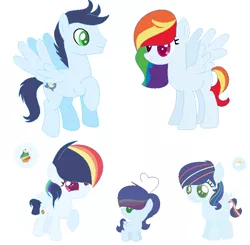 Size: 776x760 | Tagged: safe, artist:pastelmlpdrawings, derpibooru import, rainbow dash, soarin', oc, oc:castrider star, oc:prism ray, oc:rainbow cupcake, pegasus, pony, alternate design, alternate hairstyle, baby, baby pony, base used, family, female, filly, male, missing cutie mark, multicolored hair, offspring, parent:rainbow dash, parent:soarin', parents:soarindash, rainbow hair, shipping, simple background, soarindash, straight, white background