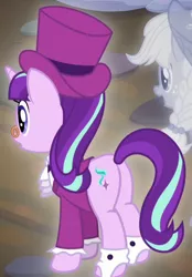 Size: 468x672 | Tagged: a hearth's warming tail, applejack, butt, cropped, derpibooru import, plot, safe, screencap, snowfall frost, spirit of hearth's warming past, starlight glimmer