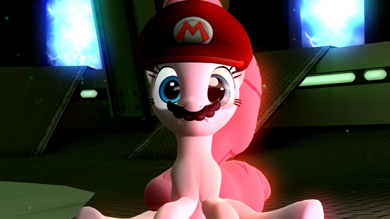 Size: 1600x900 | Tagged: safe, artist:erichgrooms3, derpibooru import, pinkie pie, earth pony, pony, 3d, cappy (mario), crossover, facial hair, female, frown, hat, looking at you, mare, mario, mario pie, moustache, possessed, sitting, solo, super mario odyssey, wide eyes