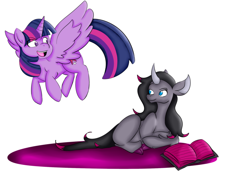 Size: 2000x1500 | Tagged: safe, artist:aaservantsheartuniverse, derpibooru import, oleander (tfh), twilight sparkle, twilight sparkle (alicorn), alicorn, classical unicorn, pony, unicorn, them's fightin' herds, book, cloven hooves, community related, leonine tail, simple background, transparent background, unshorn fetlocks