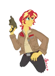 Size: 763x1046 | Tagged: safe, artist:erenerakhard, derpibooru import, sunset shimmer, equestria girls, blaster, clothes, finn (star wars), jacket, short hair, simple background, solo, star wars, star wars: the last jedi, transparent background