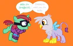 Size: 1260x796 | Tagged: safe, derpibooru import, oc, oc:quilly, oc:straight a's, gryphon, pony, clothes, cute, female, filly, glasses, mare, pigtails, sweater