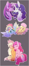 Size: 578x1284 | Tagged: safe, artist:pastel-pony-pictures, deleted from derpibooru, derpibooru import, applejack, fluttershy, pinkie pie, rainbow dash, rarity, twilight sparkle, earth pony, pegasus, pony, unicorn, applejack's hat, applepie, chest fluff, colored hooves, cowboy hat, cutie mark, eyes closed, female, flutterdash, gray background, hat, horn, lesbian, lying, mane six, mare, nuzzling, prone, raised hoof, rarilight, shipping, simple background, sleeping, smiling, stetson, wings