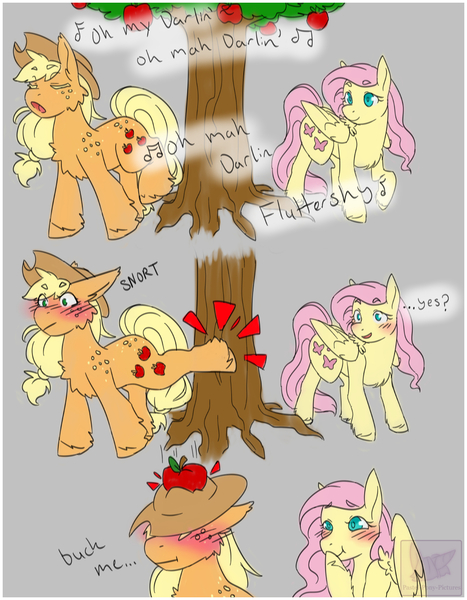 Size: 1050x1350 | Tagged: safe, artist:pastel-pony-pictures, deleted from derpibooru, derpibooru import, applejack, fluttershy, earth pony, pegasus, pony, apple, apple on head, apple tree, applebucking, applejack's hat, appleshy, blushing, comic, cowboy hat, cute, cutie mark, duo, embarrassed, female, food, freckles, giggling, hat, jackabetes, lesbian, mare, shipping, shyabetes, simple background, singing, smiling, stetson, tree, wings