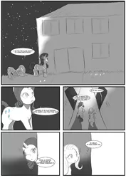 Size: 707x1000 | Tagged: safe, artist:jrain9110, artist:kaeaskavi, derpibooru import, fluttershy, rarity, pegasus, pony, unicorn, comic:equestria's infestation plague, building, comic, cowering, dialogue, door, duo, floppy ears, hallway, night, partial color, scared, speech bubble