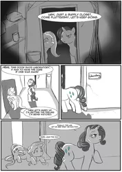 Size: 707x1000 | Tagged: safe, artist:jrain9110, artist:kaeaskavi, derpibooru import, fluttershy, rarity, pegasus, pony, unicorn, comic:equestria's infestation plague, anatomically incorrect, closet, comic, cowering, dialogue, door, duo, floppy ears, hallway, incorrect leg anatomy, laboratory, partial color, scared, speech bubble