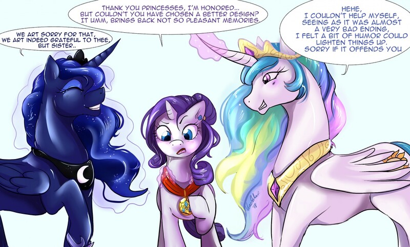 Size: 1280x773 | Tagged: safe, artist:jrain9110, artist:kaeaskavi, derpibooru import, princess celestia, princess luna, rarity, alicorn, pony, unicorn, comic:equestria's infestation plague, colored, comic, cutie mark pendant, dialogue, ear piercing, earring, epilogue, eyes closed, glowing horn, good end, grin, horn, jewelry, magic, medal, piercing, rarirachnid, smiling, speech bubble, spider web, spiderponyrarity, telekinesis, trio