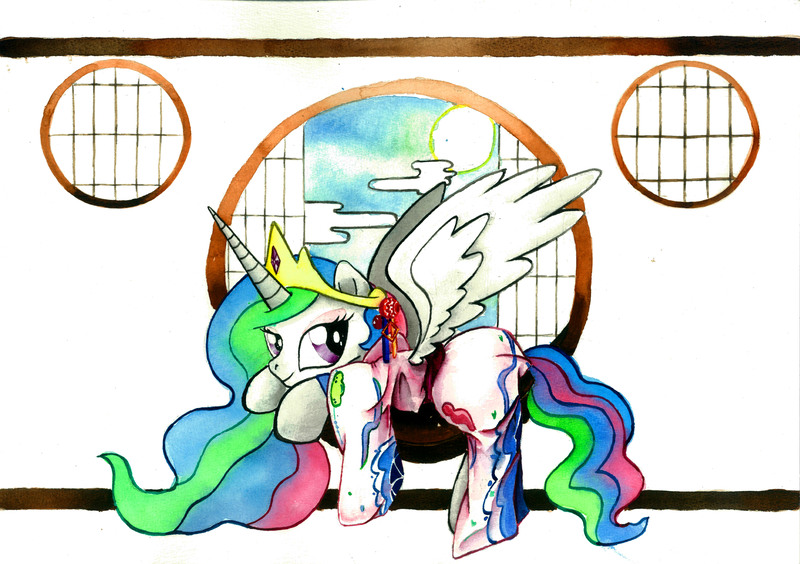 Size: 9810x6918 | Tagged: safe, artist:mashiromiku, derpibooru import, princess celestia, alicorn, pony, absurd resolution, clothes, kimono (clothing), solo, traditional art, watercolor painting