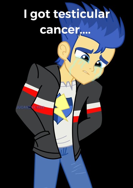 Size: 724x1024 | Tagged: semi-grimdark, derpibooru import, flash sentry, human, equestria girls, cancer (disease), caption, clothes, crying, drama bait, image macro, jacket, jeans, male, meme, pants, sad, solo, text, wat