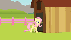 Size: 600x337 | Tagged: safe, artist:forgalorga, derpibooru import, fluttershy, twilight sparkle, pegasus, pony, unicorn, animated, axe, barn, female, fence, fluttershed, fluttershy's shed, gif, grass, horn, hotdiggedydemon, implied murder, mare, murdershy, sky, stay out of my shed, weapon, wings