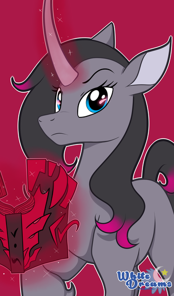 Size: 1761x3000 | Tagged: safe, artist:xwhitedreamsx, derpibooru import, oleander (tfh), them's fightin' herds, book, community related, curved horn, female, glowing horn, horn, levitation, looking at you, magic, red background, simple background, solo, spellbook, telekinesis, unicornomicon