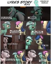 Size: 3928x4902 | Tagged: 3d, artist:goatcanon, bon bon, comic, comic:lyra's story, derpibooru import, dialogue, double diamond, equal cutie mark, equal town, lyra heartstrings, our town, safe, source filmmaker, starlight's village, sweetie drops