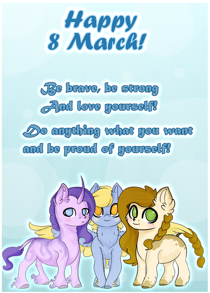 Size: 2300x3200 | Tagged: safe, artist:isorrayi, derpibooru import, oc, unofficial characters only, earth pony, pegasus, pony, unicorn, female, high res, international women's day, mare, positive ponies, spread wings, wings
