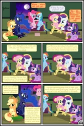 Size: 3254x4837 | Tagged: safe, artist:gutovi, derpibooru import, applejack, fluttershy, pinkie pie, princess luna, rainbow dash, rarity, twilight sparkle, twilight sparkle (alicorn), alicorn, earth pony, pegasus, pony, unicorn, comic:why me!?, bed, broken window, comic, couch, cushion, mane six, mare in the moon, moon, window