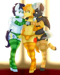 Size: 1700x2100 | Tagged: anthro, arm warmers, artist:coatieyay, braeburn, cheek fluff, chest fluff, choker, clothes, crossdressing, crotch bulge, derpibooru import, femboy, gay, holding hands, leg warmers, male, males only, panties, polyamory, pubic fluff, shipping, shoulder fluff, soarbraelane, soarburn, soarilane, soarin', striped underwear, suggestive, thunderburn, thunderlane, trio, underwear, unguligrade anthro