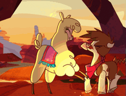 Size: 563x433 | Tagged: alpaca, animated, arizona cow, chest fluff, community related, cow, derp, derpibooru import, duo, female, gameplay, gif, kissing, menace, paprika paca, safe, scrunchy face, that alpaca sure does love kisses, them's fightin' herds