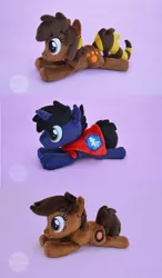 Size: 1697x2911 | Tagged: safe, artist:sewyouplushiethings, derpibooru import, oc, unofficial characters only, earth pony, pony, unicorn, beanie (plushie), cape, clothes, cmc cape, female, irl, mare, paw prints, photo, plushie, prone