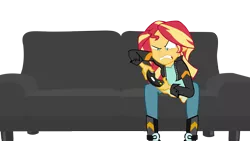 Size: 2560x1440 | Tagged: safe, artist:ngrycritic, derpibooru import, sunset shimmer, equestria girls, equestria girls series, game stream, spoiler:eqg series (season 2), angry, boots, clothes, controller, couch, gamer, jacket, leather jacket, pants, shoes, simple background, solo, transparent background