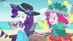 Size: 1920x1080 | Tagged: safe, derpibooru import, screencap, pinkie pie, rarity, crab, equestria girls, equestria girls series, too hot to handle, and then there's rarity, clothes, costume, dress up, geode of shielding, hat, magical geodes, swimsuit, that time rarity fashioned a crab