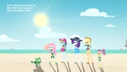 Size: 1280x720 | Tagged: safe, derpibooru import, screencap, applejack, fluttershy, lily pad (equestria girls), rainbow dash, rarity, tank, tortoise, aww... baby turtles, equestria girls, equestria girls series, clothes, feet, flip-flops, food, ice cream, midriff, one-piece swimsuit, rock horse, sandals, swimsuit, young