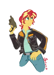 Size: 763x1046 | Tagged: safe, artist:erenerakhard, derpibooru import, sunset shimmer, equestria girls, blaster, clothes, finn (star wars), jacket, scar, short hair, simple background, solo, star wars, star wars: the last jedi, transparent background