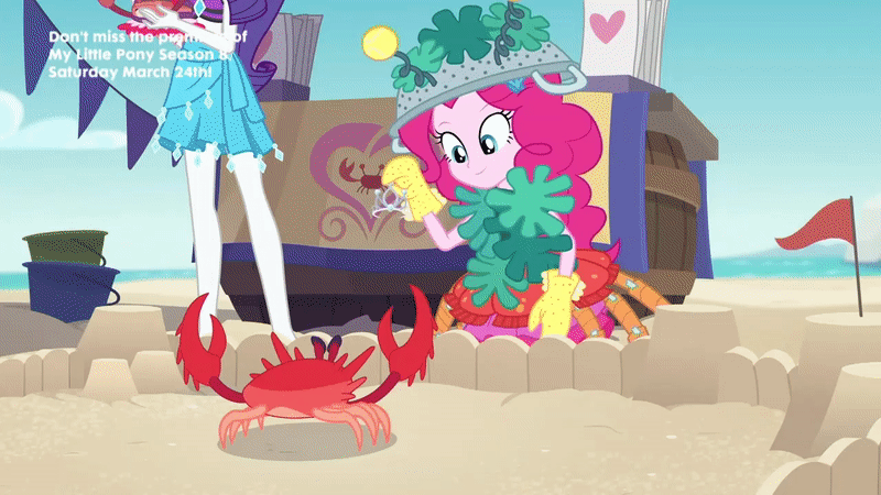 Size: 800x450 | Tagged: safe, derpibooru import, screencap, pinkie pie, rarity, crab, equestria girls, equestria girls series, too hot to handle, and then there's rarity, animated, clothes, costume, dress up, hat, rock horse, swimsuit