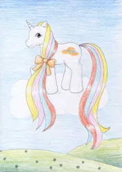 Size: 800x1133 | Tagged: safe, artist:normaleeinsane, derpibooru import, bouquet (g1), pony, unicorn, bow, floating, g1, hair bow, solo, traditional art