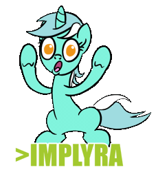 Size: 850x924 | Tagged: safe, artist:derkrazykraut, derpibooru import, lyra heartstrings, pony, unicorn, >implying, air quotes, animated, female, greentext, implying, implyra, mare, simple background, solo, text, transparent background