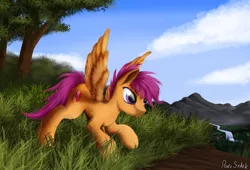 Size: 4850x3300 | Tagged: safe, artist:pony-stark, derpibooru import, scootaloo, pony, cutie mark, female, filly, grass, mare, mountain, river, scenery, solo, the cmc's cutie marks, tree, wings