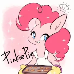 Size: 768x768 | Tagged: safe, artist:zoomiso, derpibooru import, pinkie pie, earth pony, pony, apron, bust, chef's hat, clothes, cookie, cute, diapinkes, female, food, hat, mare, oven mitts, smiling, solo, tray