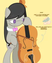 Size: 750x896 | Tagged: safe, artist:erthilo, derpibooru import, octavia melody, earth pony, pony, ask octavia, ask, bipedal, bow (instrument), broken, cello, cello bow, female, mare, musical instrument, no pupils, solo, tumblr