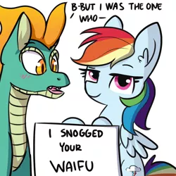 Size: 1650x1650 | Tagged: safe, artist:dsp2003, artist:tjpones, derpibooru import, edit, rainbow dash, tianhuo, dragon, hybrid, longma, pegasus, pony, them's fightin' herds, blushing, community related, dialogue, ear fluff, female, implied lesbian, implied shipping, implied tiandash, lidded eyes, looking at you, mare, pony shaming, pure unfiltered evil, shaming, simple background, smug, text, waifu, white background, wings