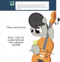 Size: 967x999 | Tagged: safe, artist:erthilo, derpibooru import, octavia melody, earth pony, pony, ask octavia, ask, bipedal, bow (instrument), cello, cello bow, female, juice, juice box, mare, musical instrument, solo, tumblr