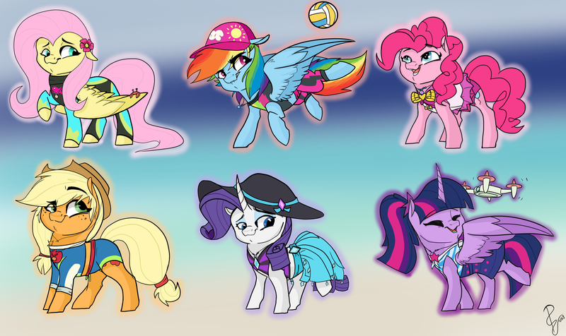 Size: 1600x952 | Tagged: safe, artist:poowndraww, derpibooru import, applejack, fluttershy, pinkie pie, rainbow dash, rarity, twilight sparkle, twilight sparkle (alicorn), ponified, alicorn, crab, earth pony, pegasus, pony, unicorn, :3, applejack's hat, baseball cap, bowtie, cap, chibi, clothes, cowboy hat, drone, equestria girls outfit, equestria girls ponified, eyes closed, female, gradient background, hat, looking at you, mane six, mare, midriff, sports, swimsuit, volleyball, wetsuit