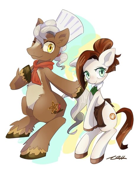 Size: 802x1024 | Tagged: safe, artist:bbtasu, derpibooru import, oc, oc:brown spice, oc:nel drip, unofficial characters only, earth pony, pony, apron, bipedal, chef's hat, clothes, couple, crossed arms, cute, duo, female, hair bun, hat, looking at you, male, mare, stallion, unshorn fetlocks