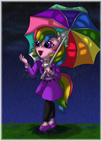 Size: 5100x7019 | Tagged: safe, artist:faerie-starv, derpibooru import, parasol (g1), anthro, earth pony, unguligrade anthro, absurd resolution, female, g1, rain, umbrella