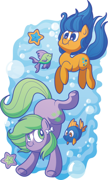 Size: 600x999 | Tagged: artist:xkappax, bubble, bubbles (g1), derpibooru import, fish, g1, g1 to g4, generation leap, safe, seashell (g1), simple background, star (coat marking), starfish, swimming, transparent background, underwater