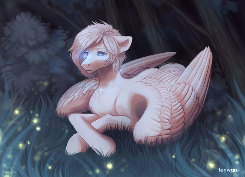 Size: 1800x1300 | Tagged: safe, artist:fenwaru, derpibooru import, oc, oc:ronald, unofficial characters only, firefly (insect), insect, pegasus, pony, crossed hooves, forest, glowing eyes, grass, lying, male, pensive, prone, sad, solo, stallion, wings