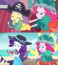 Size: 2048x2284 | Tagged: safe, derpibooru import, screencap, lily pad (equestria girls), pinkie pie, rarity, crab, equestria girls, equestria girls series, pinkie sitting, too hot to handle, and then there's rarity, clothes, costume, cute, dress up, geode of shielding, hat, implied rarity fighting a giant crab, magical geodes, midriff, swimsuit, tickling, young