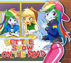 Size: 1346x1191 | Tagged: safe, artist:ryuu, derpibooru import, applejack, rainbow dash, eqg summertime shorts, equestria girls, get the show on the road, anime, applejack's hat, blushing, cap, clothes, cowboy hat, cute, female, finger gun, finger guns, hat, jackabetes, looking at you, open mouth, pants, rapper dash, shirt, smiling, tongue out
