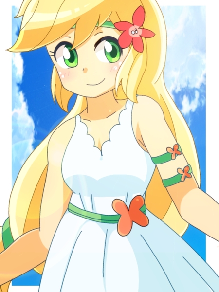 Size: 768x1024 | Tagged: safe, artist:erufi, derpibooru import, applejack, equestria girls, equestria girls series, spring breakdown, spoiler:eqg series (season 2), beautiful, blonde, clothes, cute, dress, female, hatless, headband, jackabetes, looking at you, missing accessory, solo