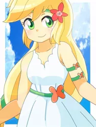 Size: 768x1024 | Tagged: safe, artist:erufi, derpibooru import, applejack, equestria girls, equestria girls series, spring breakdown, spoiler:eqg series (season 2), beautiful, blonde, clothes, cute, dress, female, hatless, headband, jackabetes, looking at you, missing accessory, solo