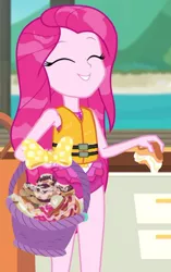 Size: 540x862 | Tagged: safe, derpibooru import, screencap, pinkie pie, equestria girls, equestria girls series, the salty sails, basket, beautiful, clothes, cream puff (food), cropped, cute, cuteamena, diapinkes, female, food, geode of sugar bombs, grin, lifejacket, long hair, magical geodes, pinkamena diane pie, smiling, solo, swimsuit, wet hair