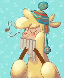 Size: 1654x2000 | Tagged: alpaca, artist:leolevahn, cloven hooves, community related, derpibooru import, eyes closed, female, hat, musical instrument, music notes, pan flute, paprika paca, safe, solo, them's fightin' herds