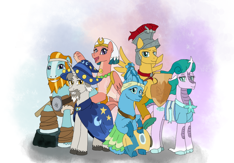 Size: 1024x714 | Tagged: safe, artist:fallenangel5414, derpibooru import, flash magnus, meadowbrook, mistmane, rockhoof, somnambula, star swirl the bearded, kirin, llama, sphinx, healer's mask, kirinified, llamafied, mask, netitus, pillars of equestria, rockhoof's shovel, shield, shovel, species swap, sphinxified