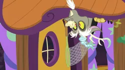 Size: 1280x720 | Tagged: butterfly net, butterfly sandwich, couch, cute, derpibooru import, discord, discordant harmony, discord's house, discute, draconequus, food, male, safe, sandwich, screencap, solo, upside down