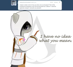Size: 900x832 | Tagged: safe, artist:erthilo, derpibooru import, octavia melody, pony, ask octavia, ask, assassin, assassin's creed, bipedal, clothes, female, mare, solo, tumblr