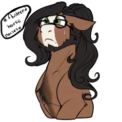 Size: 512x512 | Tagged: safe, artist:theecchiqueen, deleted from derpibooru, derpibooru import, oc, oc:walter nutt, unofficial characters only, pony, beard, blaze (coat marking), blushing, chest fluff, descriptive noise, facial hair, floppy ears, glasses, horse noises, male, nervous, simple background, solo, stallion, telegram sticker, transparent background