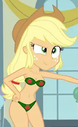 Size: 602x977 | Tagged: suggestive, artist:haleyc4629, derpibooru import, edit, edited screencap, screencap, applejack, equestria girls, equestria girls (movie), bikini, breasts, clothes, female, solo, solo female, swimsuit