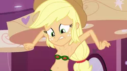 Size: 1024x574 | Tagged: suggestive, artist:haleyc4629, derpibooru import, edit, edited screencap, screencap, applejack, equestria girls, equestria girls (movie), armpits, bikini, breasts, clothes, female, solo, solo female, swimsuit